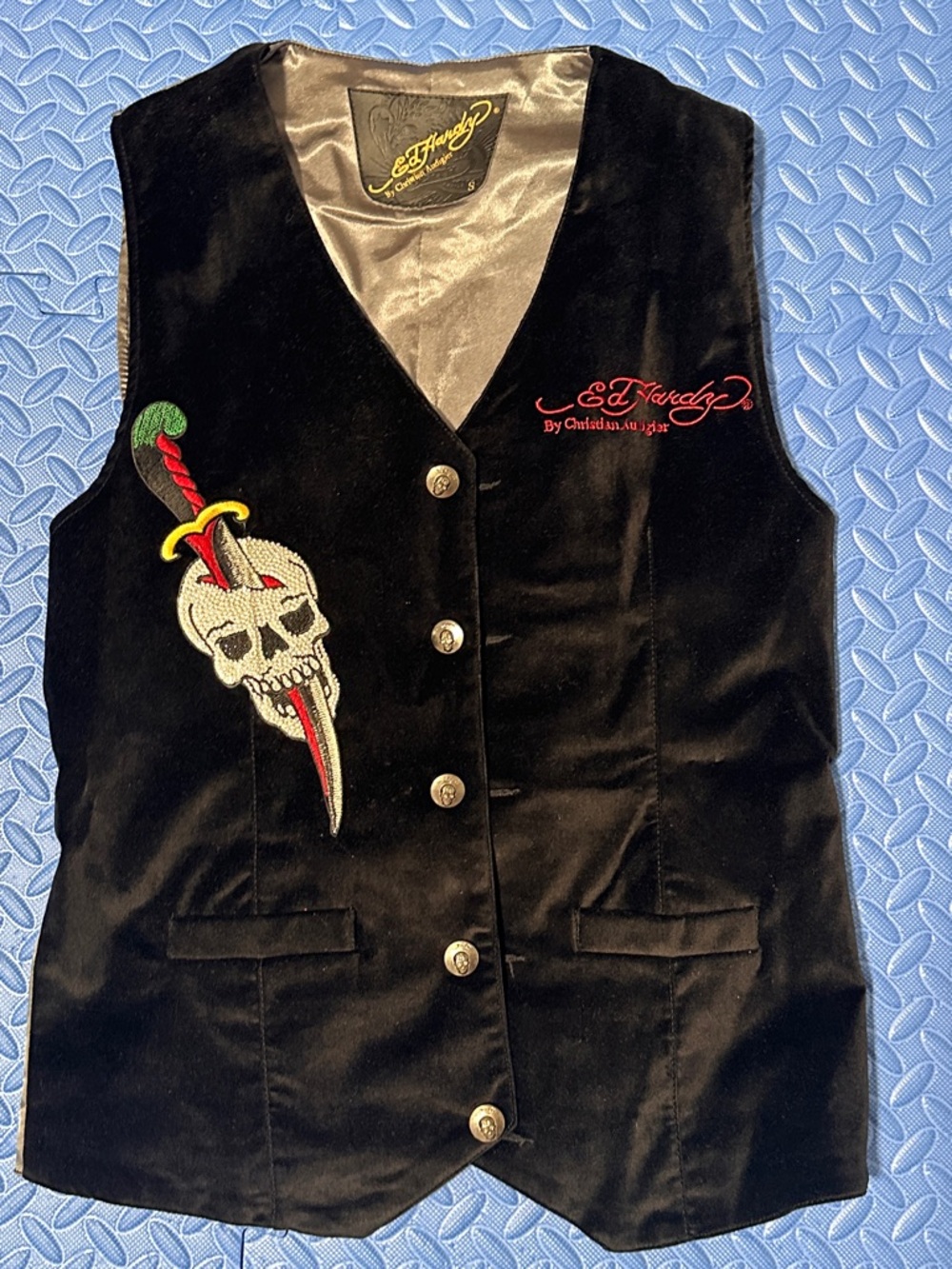 Ed Hardy Black Velvet Vest with Red Script & Skull Dagger Embroidery